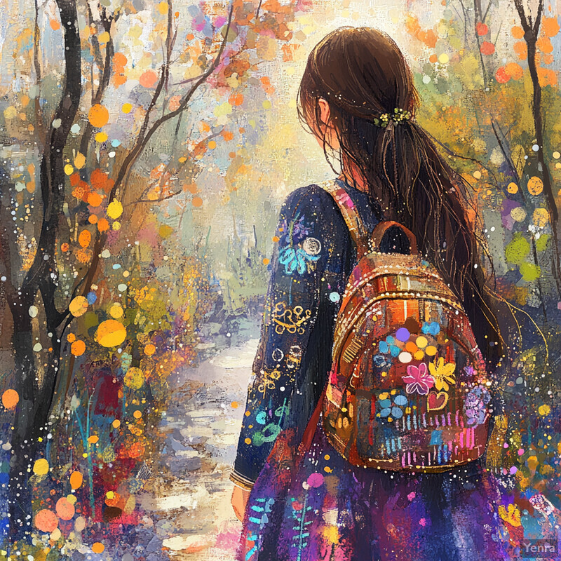 A young girl with long brown hair walks down a path in the woods, wearing a dark blue dress with colorful flowers and carrying a matching backpack.