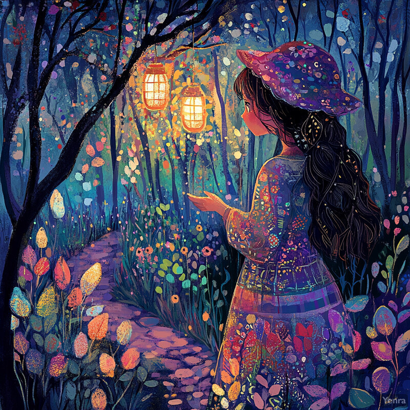 A woman stands in a forest surrounded by trees and flowers, gazing at hanging lanterns.