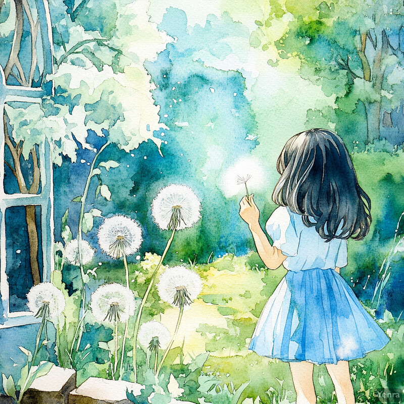 A young girl stands in front of a window surrounded by greenery and dandelions.