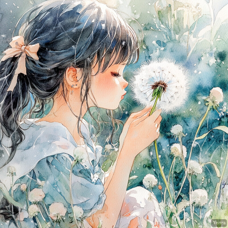 A young girl sits in a field of dandelions, lost in thought.