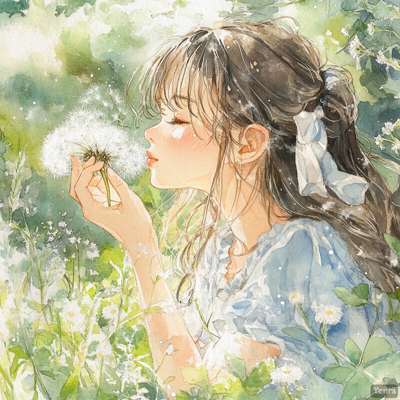 A young girl blows on a dandelion flower in a serene outdoor setting.