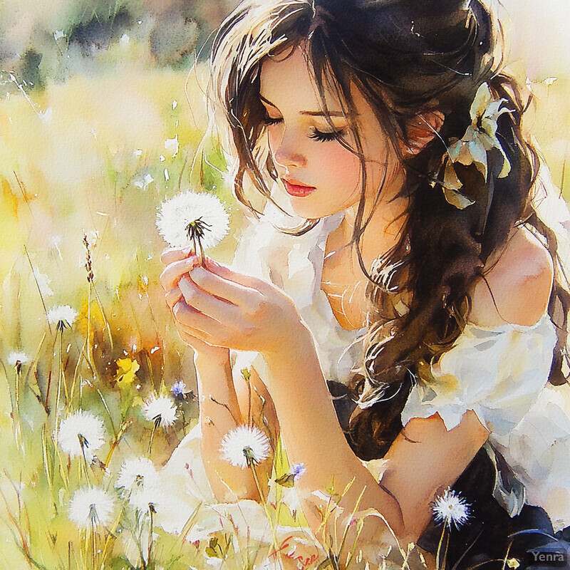 A young girl sits in a field of dandelions, surrounded by lush greenery and vibrant wildflowers.