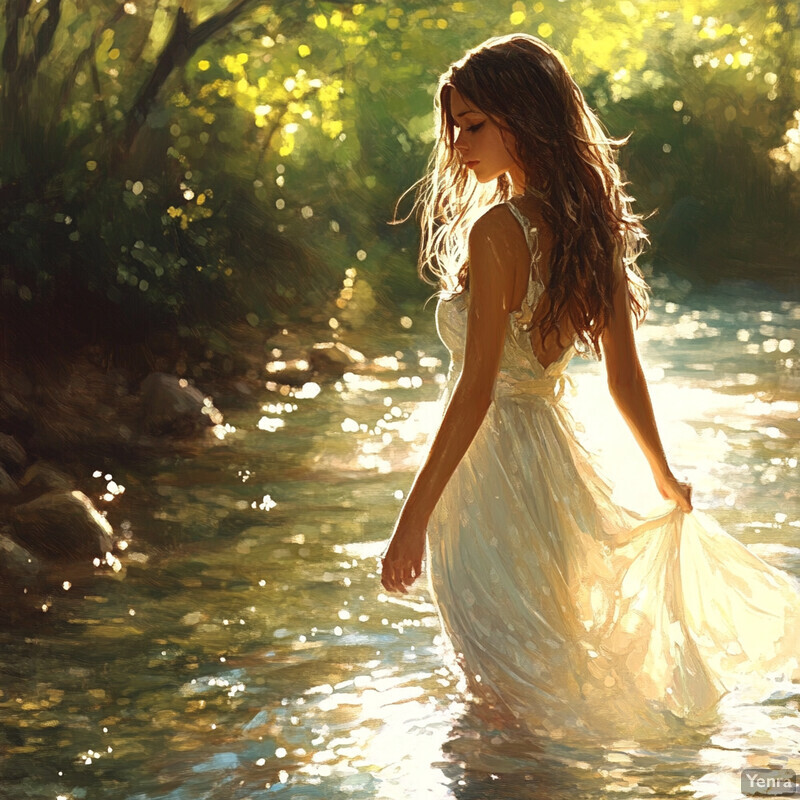 A serene and idyllic scene of a woman standing in a river, surrounded by lush greenery.