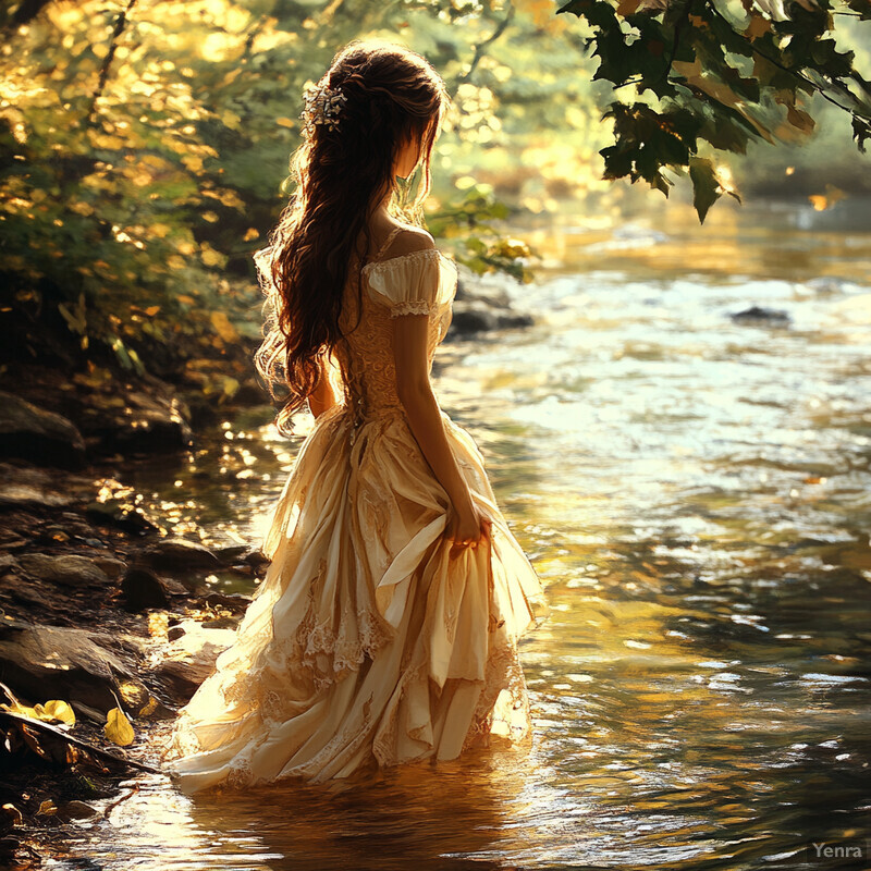 A serene scene of a woman standing in shallow water, gazing out at the body of water beyond her feet.