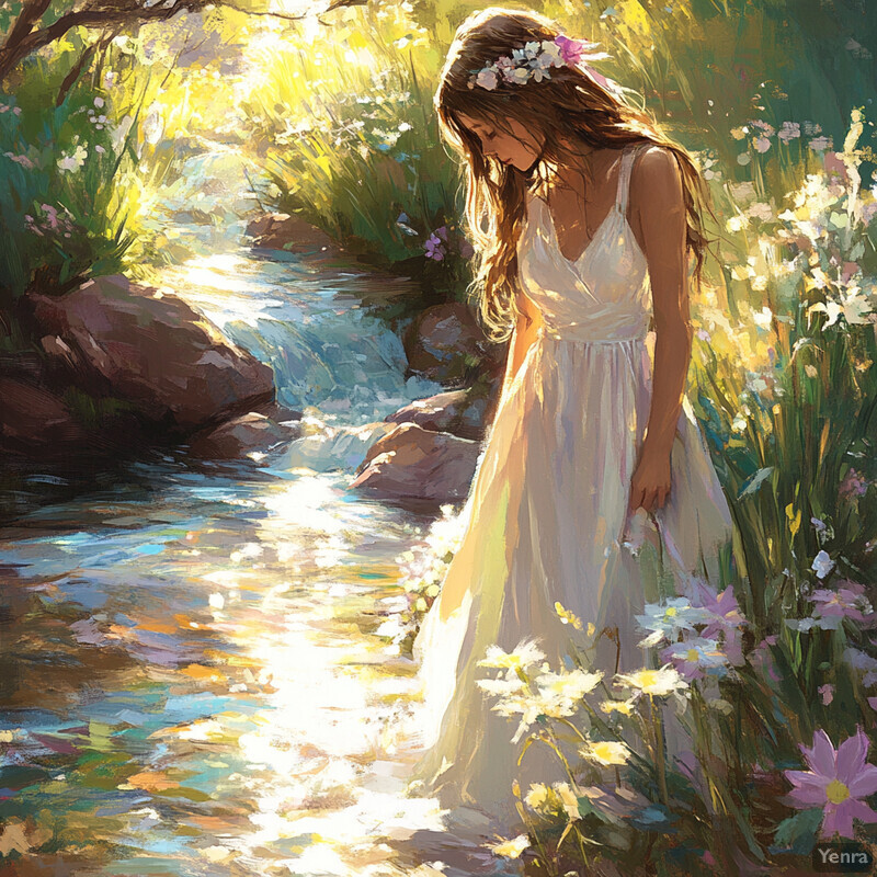 A young woman stands by a stream surrounded by lush greenery and vibrant flowers, lost in thought.