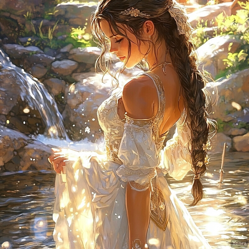 A woman stands confidently in front of a waterfall, surrounded by lush greenery.