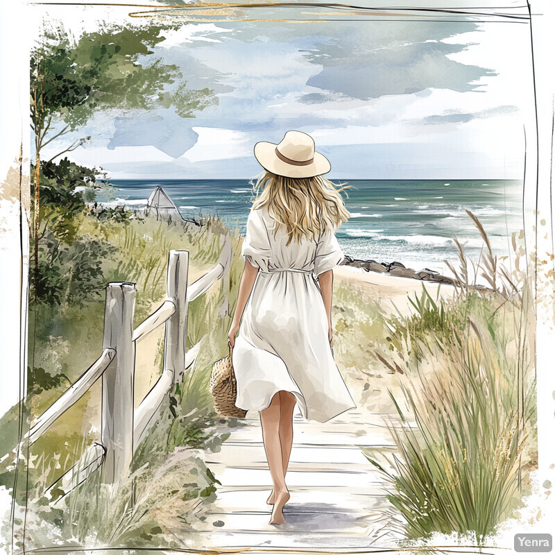 A serene scene of a woman walking towards the ocean on a boardwalk or path