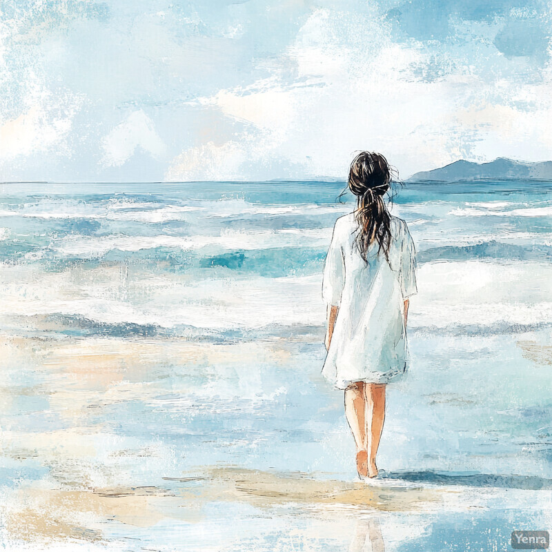 A woman walks towards the water's edge on a sandy beach, surrounded by gentle waves and distant hills.