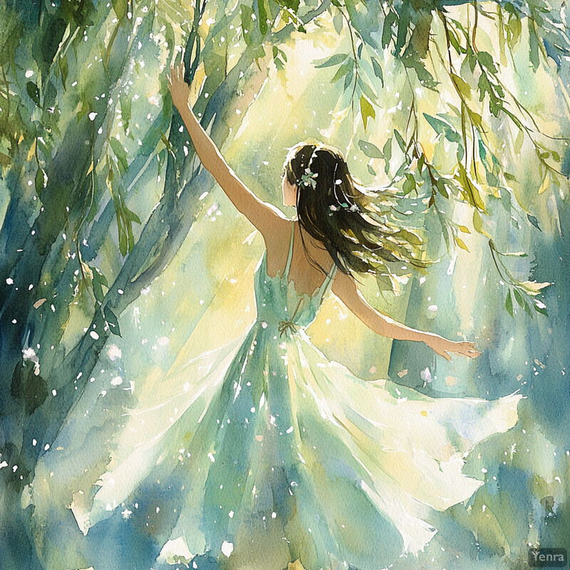 A woman dances in nature, surrounded by greenery and flowers.