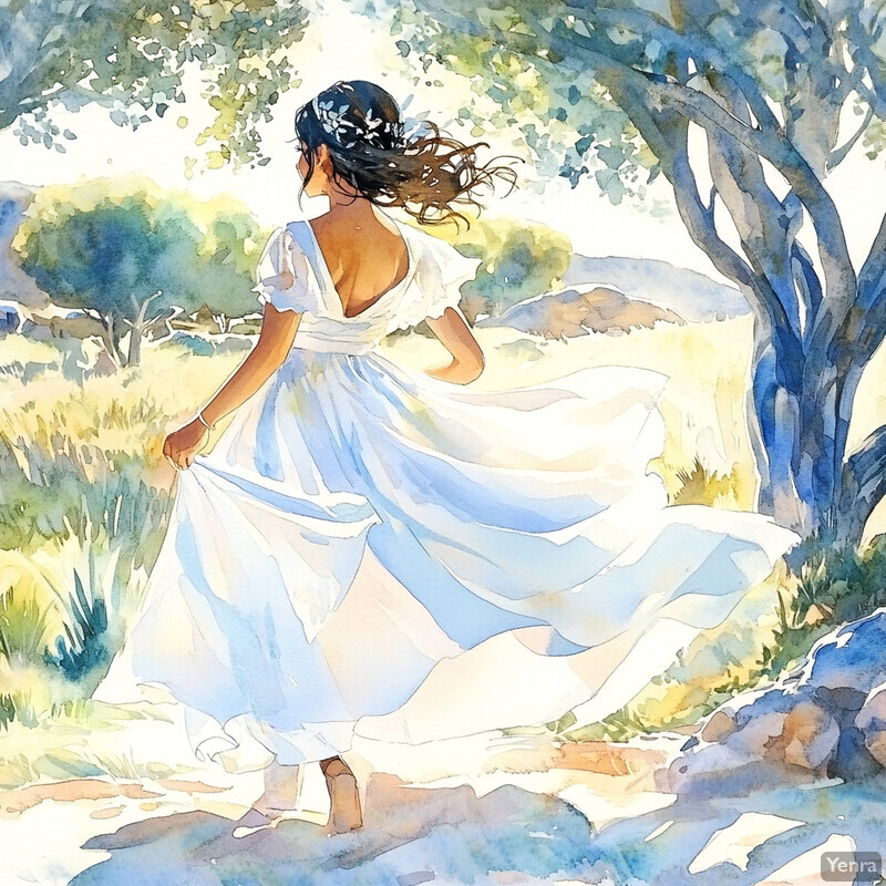 A serene watercolor painting of a woman in a white dress standing by a tree