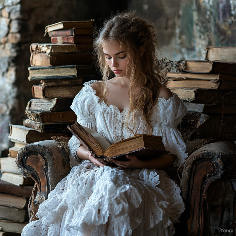 A young woman sits in an old armchair surrounded by stacks of books, engrossed in reading a book.