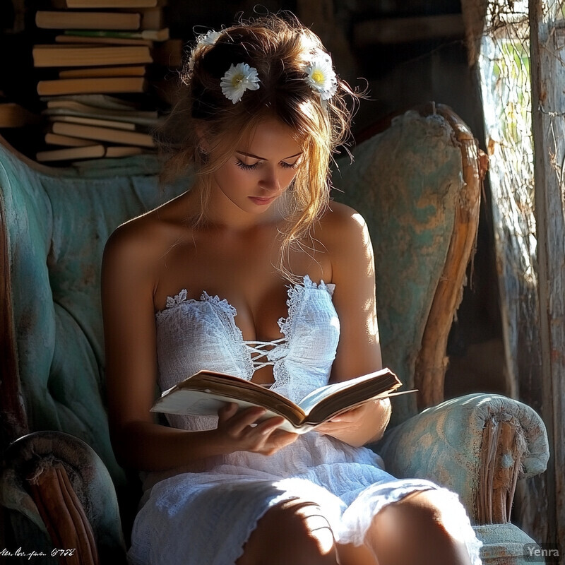 A young woman sits in an old armchair, engrossed in reading a worn book with yellowed pages.