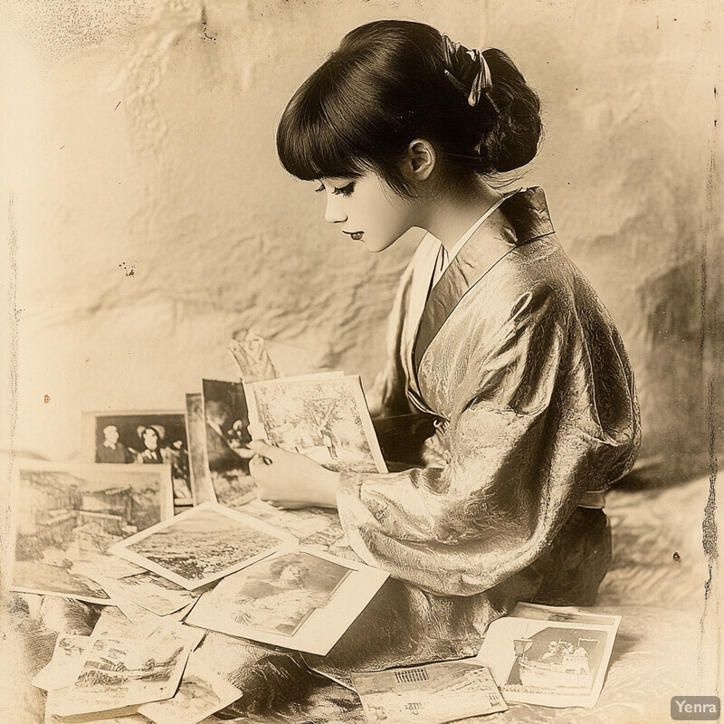 A woman sits on the floor surrounded by photographs and papers, lost in thought as she holds a photo.