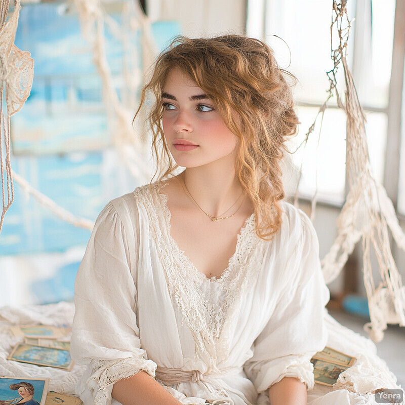 A young woman sits surrounded by tarot cards in a calm and contemplative atmosphere