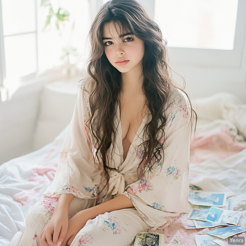 A young woman sits on a bed surrounded by tarot cards, exuding an air of calm contemplation.