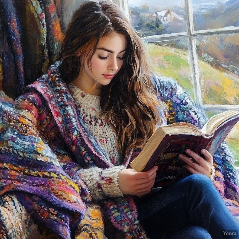 A woman reads a book by a window, exuding comfort and warmth