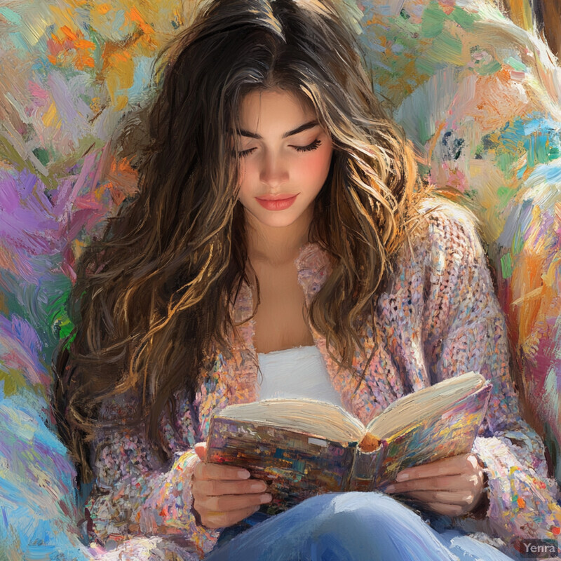 A woman sits comfortably in a chair, surrounded by warm colors and engrossed in reading a book.