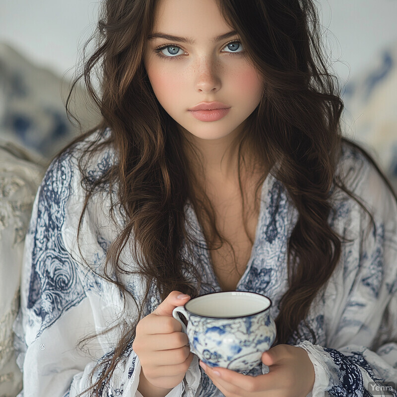 A young woman with long brown hair and blue eyes holds a white mug in a room with white walls and a bed or couch covered with a white blanket.