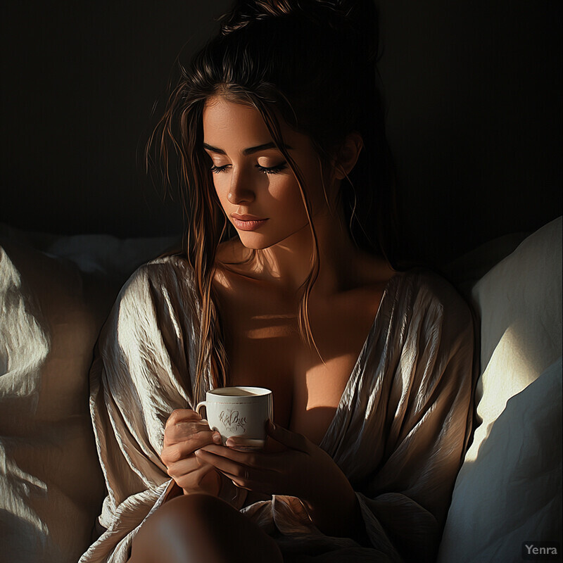 A serene and intimate scene of a woman sitting comfortably on a bed or couch, surrounded by soft lighting and natural textures.