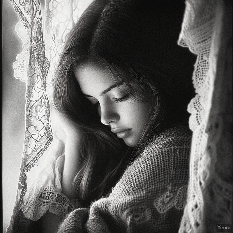 A young woman sits by a window, surrounded by soft light and gentle shadows, exuding a sense of tranquility and peacefulness.