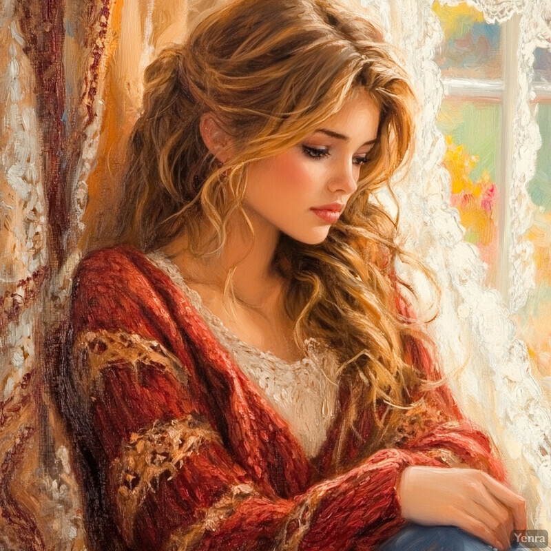 A serene and intimate scene of a woman sitting by a window, lost in thought.