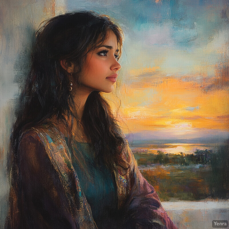 Oil painting of a woman gazing out at a serene landscape