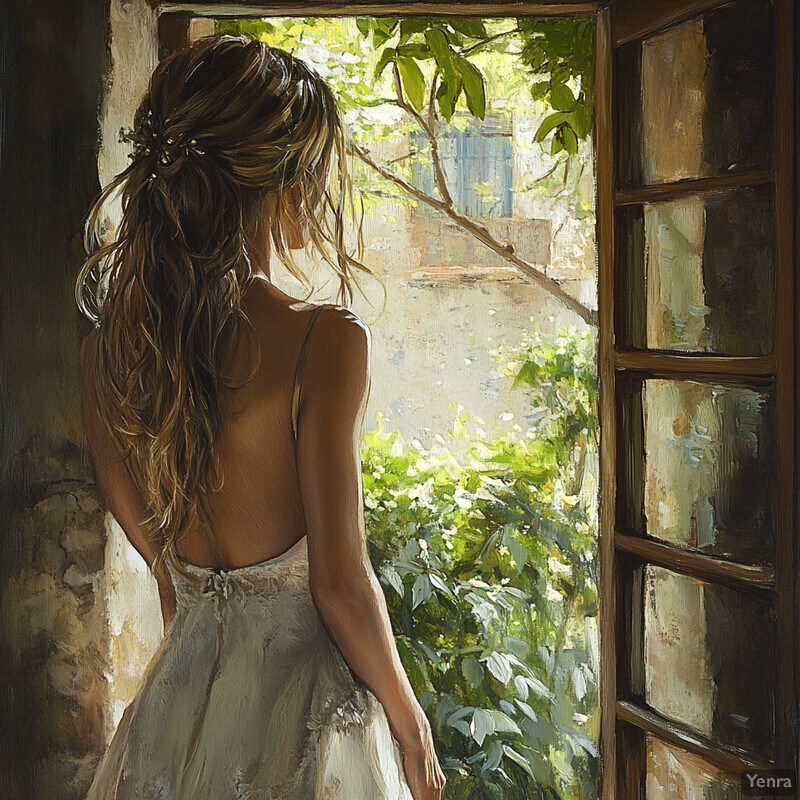 A woman stands in front of an open window, gazing out at the lush greenery outside.