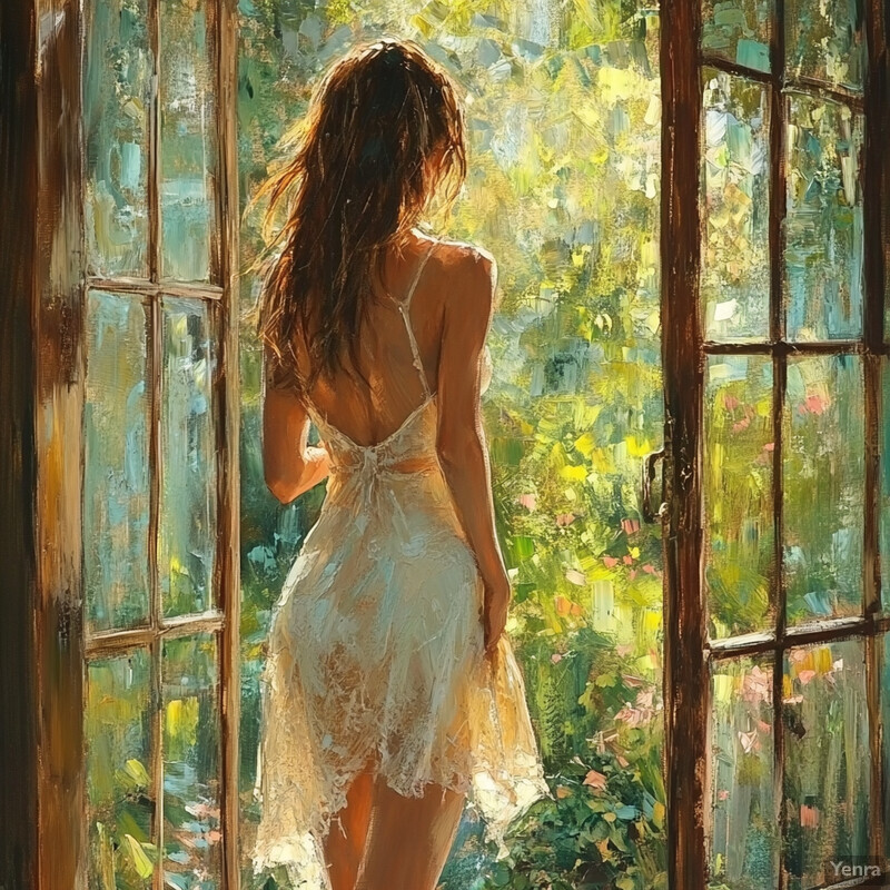 Woman in white dress standing by a window looking out at a garden or forest