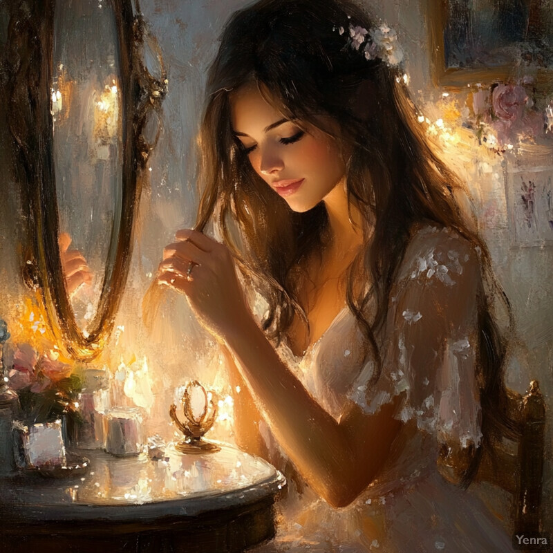 A serene and intimate scene of a woman sitting in front of a vanity, surrounded by soft lighting.