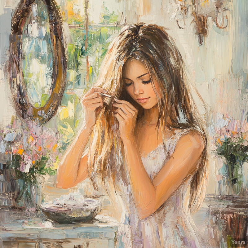 A serene and intimate scene of a woman in her dressing room, surrounded by soft pastel hues and delicate floral patterns.