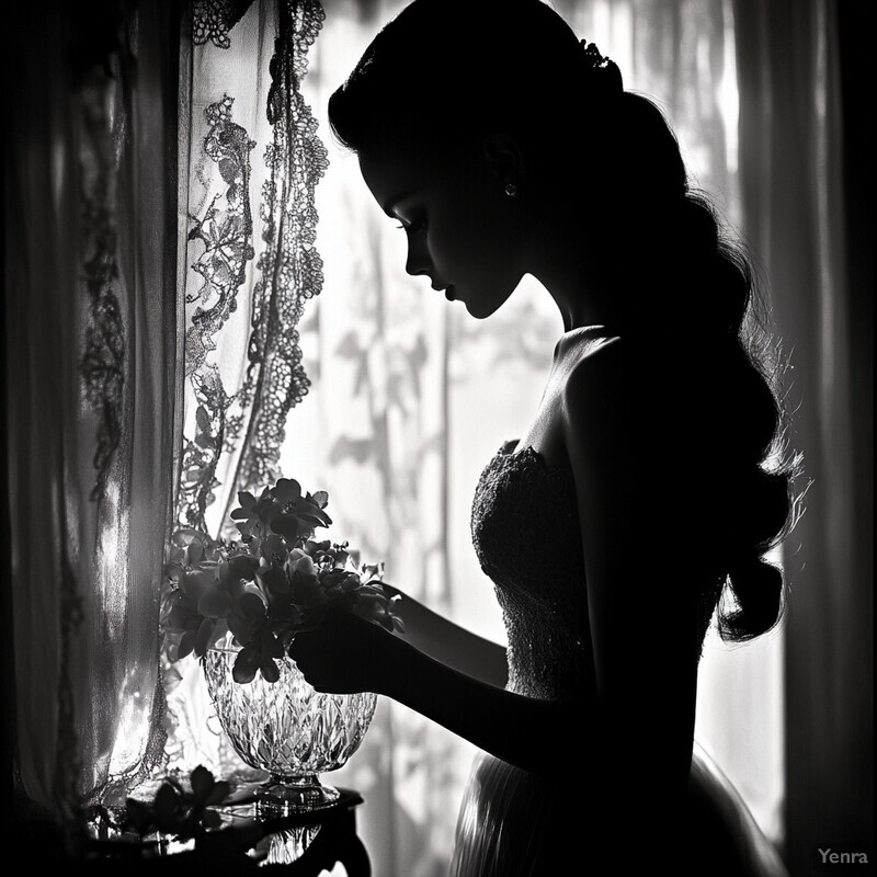 A woman in a wedding dress stands at a window looking out at the city.