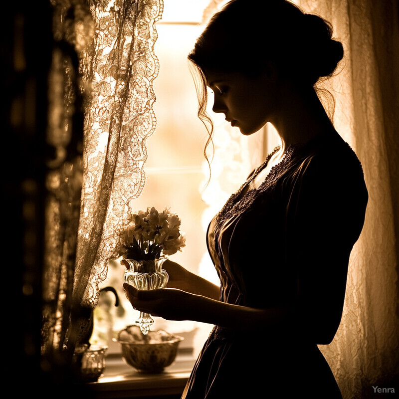 Woman standing by window looking out