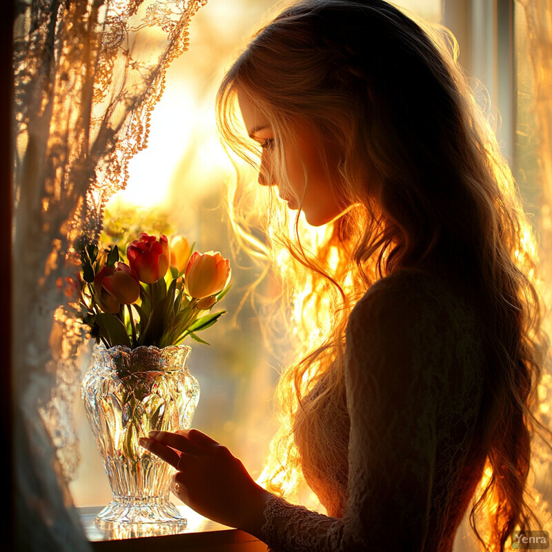 A young woman holds a vase with red roses in front of a warm, golden light