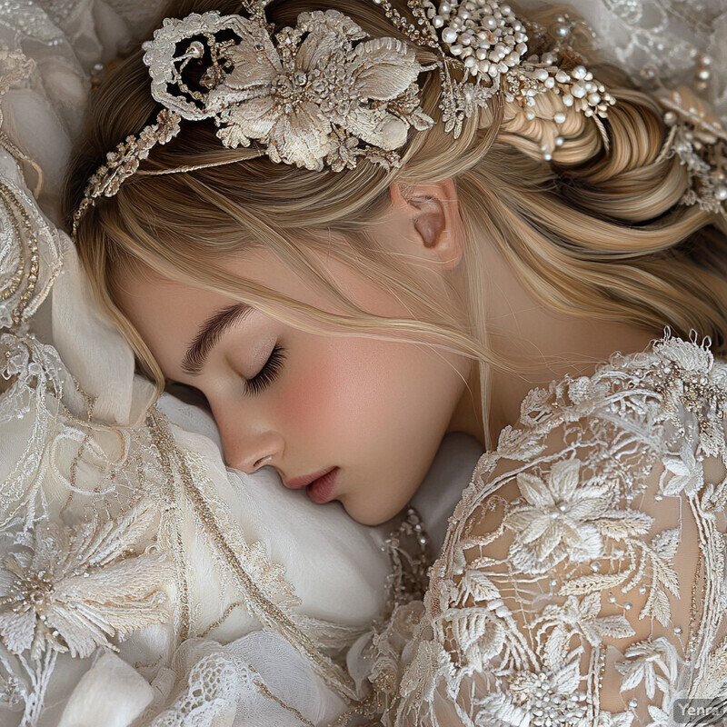 A serene and elegant scene of a woman reclining on her side in an intricately embroidered wedding dress.