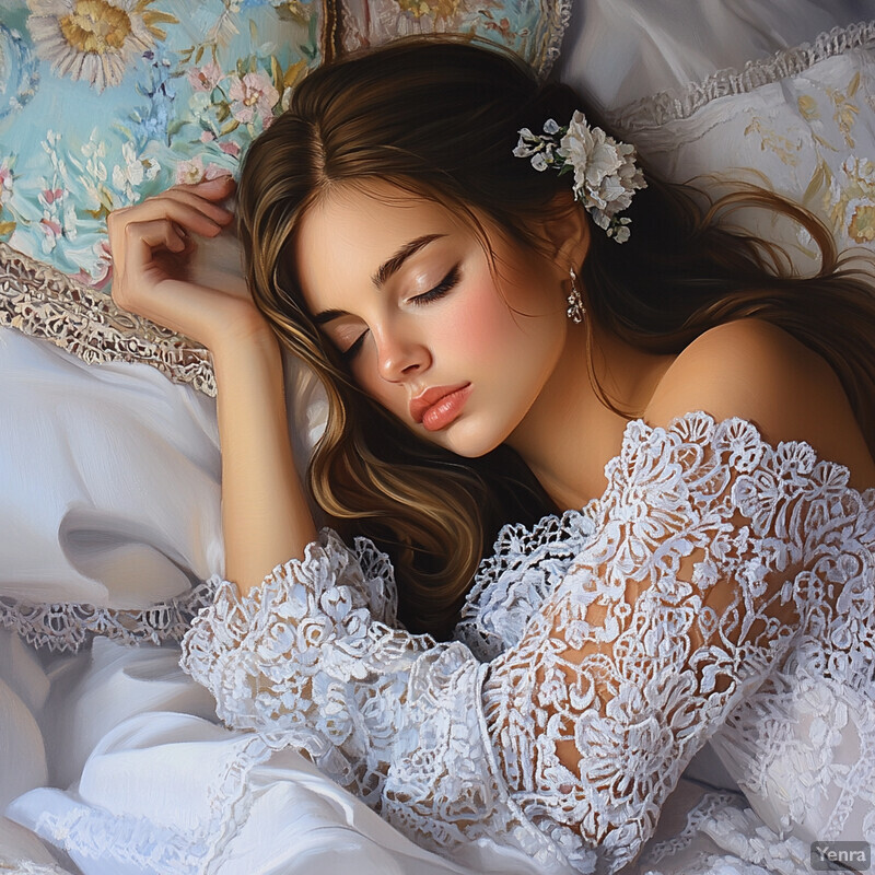 A woman reclines on a bed with an intricate floral patterned pillow, wearing a white lace dress and adorned with a flower behind her ear.