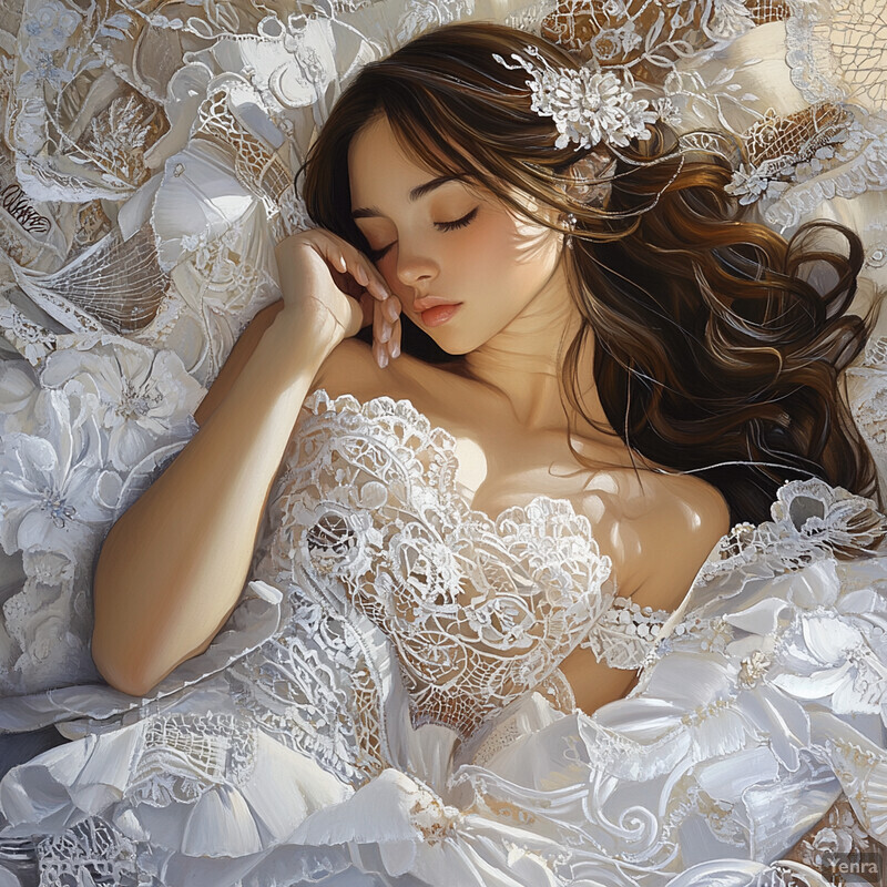 A woman reclines on her side surrounded by white lace fabrics and flowers, evoking elegance and sophistication.