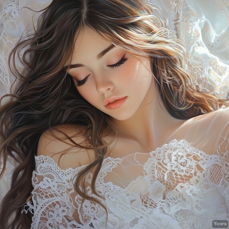 A serene dreamlike scene of a woman in a white lace dress lying down with her eyes closed