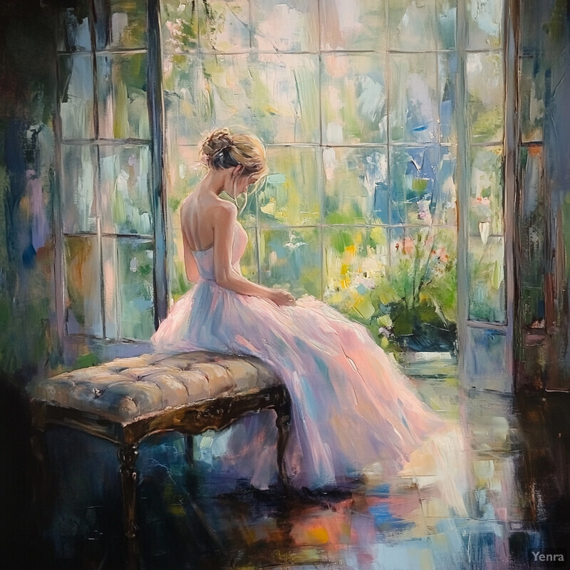 A serene painting of a woman sitting on a bench in front of a window, exuding elegance and poise.