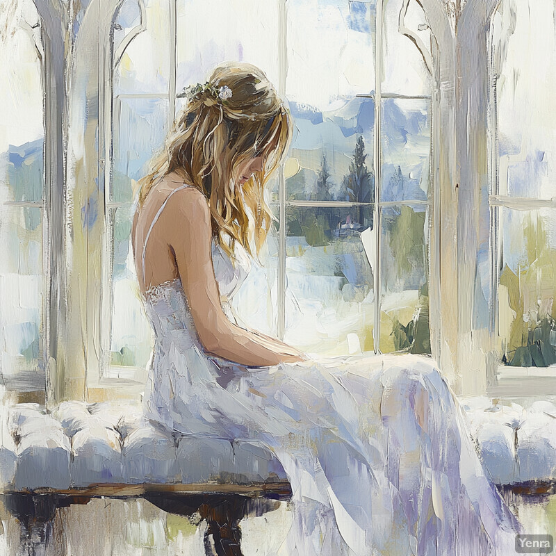 A serene and elegant painting of a woman in a white dress sitting by a window