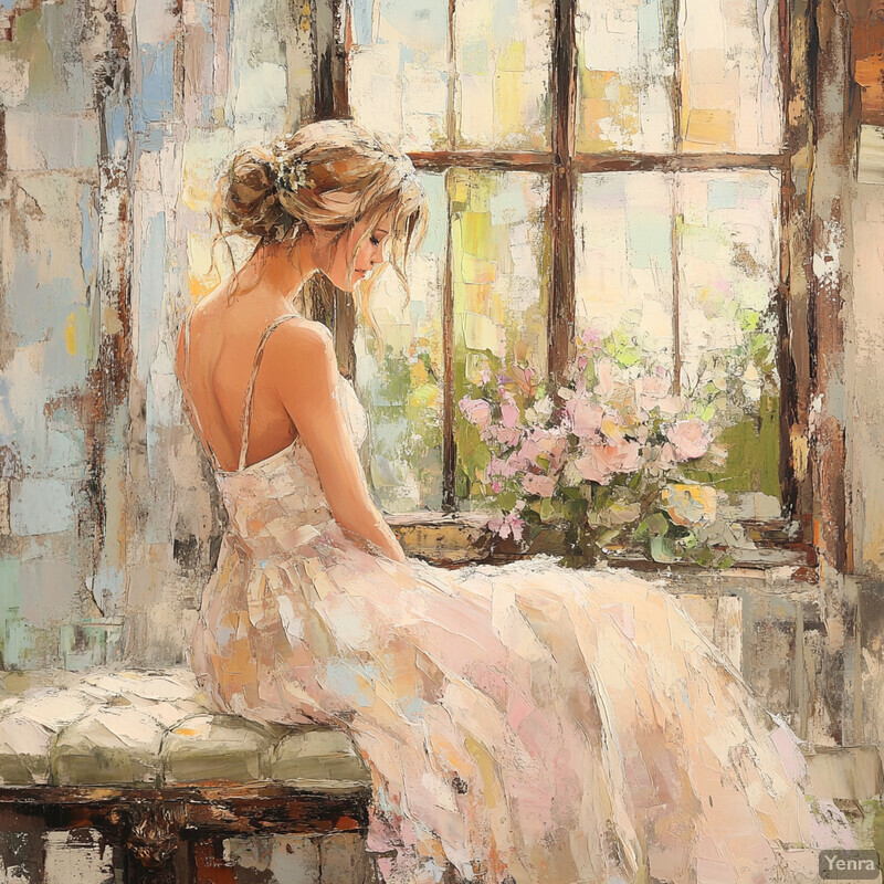 A serene scene of a woman sitting on a bench in front of a window, surrounded by lush greenery and vibrant flowers.