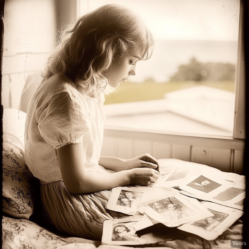 A young girl sits on a bed surrounded by old photographs, lost in thought as she reminisces about the past.