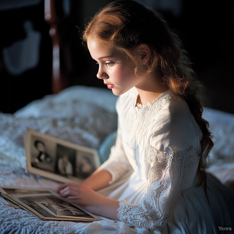 A young girl sitting on a bed or couch surrounded by photographs, lost in thought.