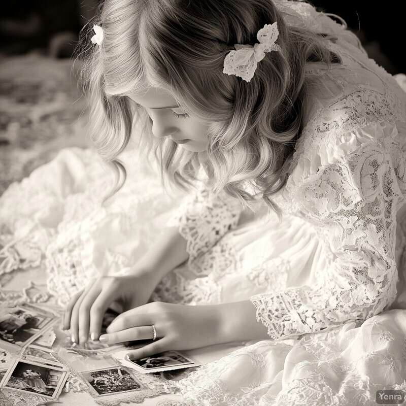 A young girl in a white lace dress surrounded by old photographs