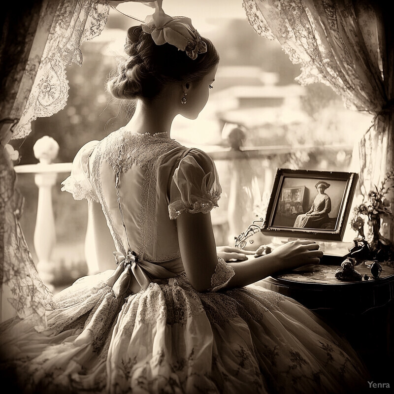 A woman in an elegant dress sits at a desk, gazing out of a window.