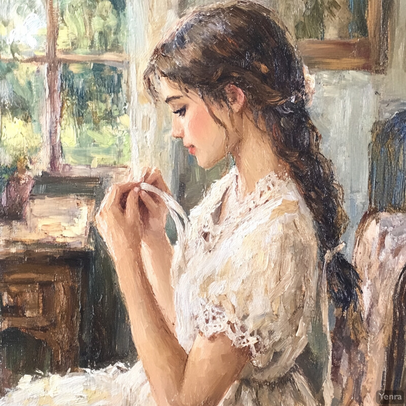 A young girl sits by a window, lost in thought, surrounded by soft light and elegant simplicity.