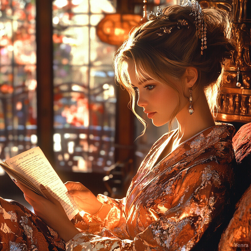 A woman sits in a chair, reading a book with an elegant orange dress and sparkling accessories.