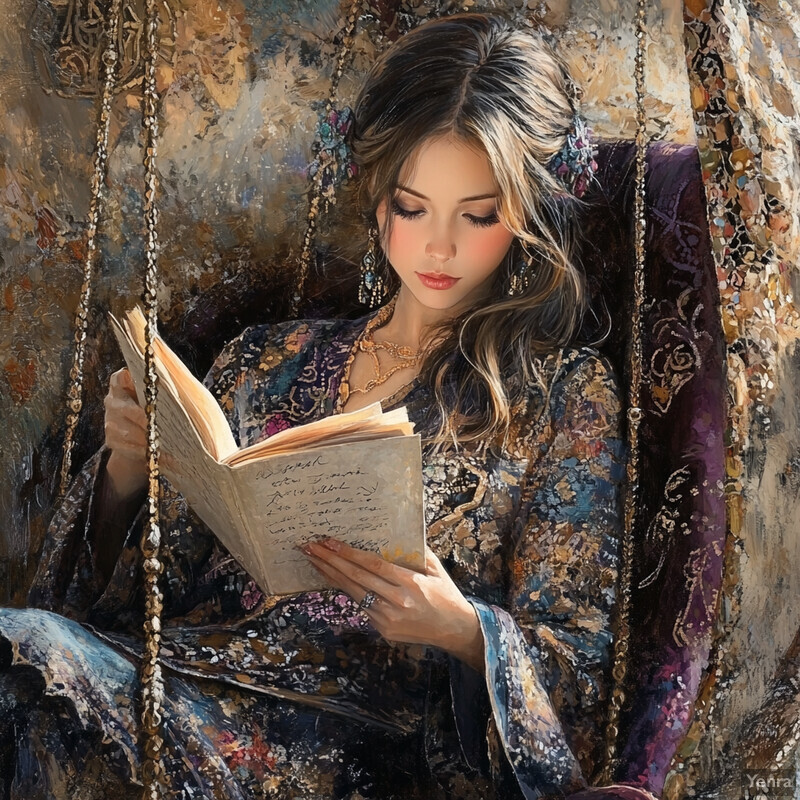 A serene scene of a woman reading a book, exuding elegance and solitude