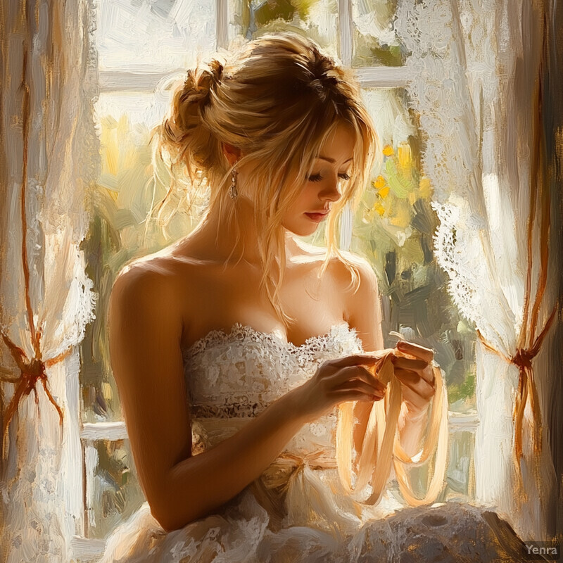 A woman sitting by a window, surrounded by sheer white curtains, holding a delicate piece of jewelry.