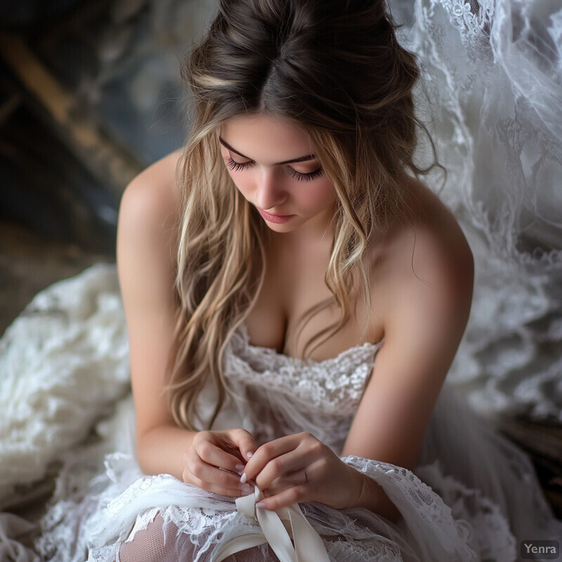 A serene and intimate moment of a woman in a white wedding dress