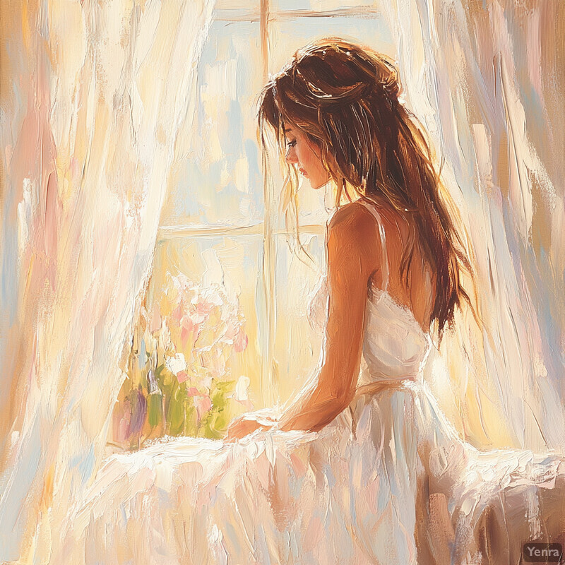 A woman gazing out of a window on a sunny day, wearing a flowing white dress